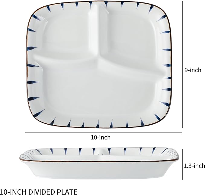 Ceramic Divided Porcelain Dinner Plate - 10 Inch, Breakfast, Lunch, Bowl, Portion Control, Salad - Kitchen Tableware