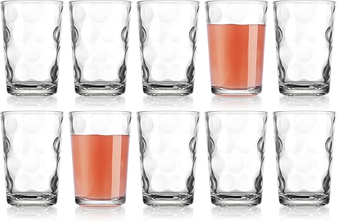 Home Essentials Drinking Glasses Set of 10 Juice Glass Cups, 7 oz Glassware, Inner Circular Lensed Small Glasses. Ideal for Juice, Milk, Water; Dishwasher Safe.