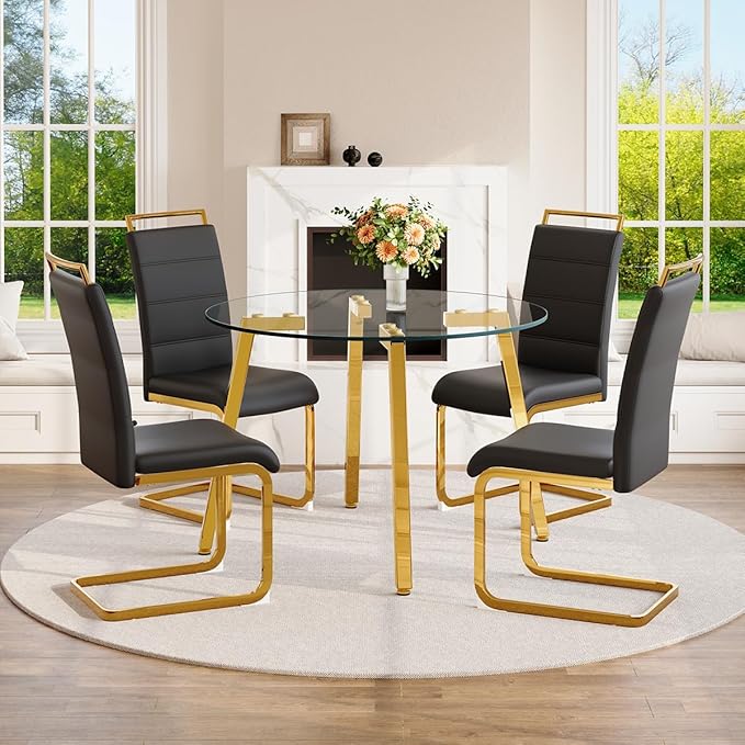 42" Round Glass Dining Table Set for 4,Modern Breakfast Table Set for 4 with Luxury Gold Chrome Legs,Space Saving Kitchen Table and Black Chairs for Apartment,Easy Assembly