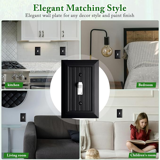 Beadboard Outlet Covers Wall Plates, Bamboo Fiber Light Switch Covers, Natural Material Electric Receptacle Decorative Switch Plate Outlet Cover Matte Black (1 Gang Toggle 4 Pack)