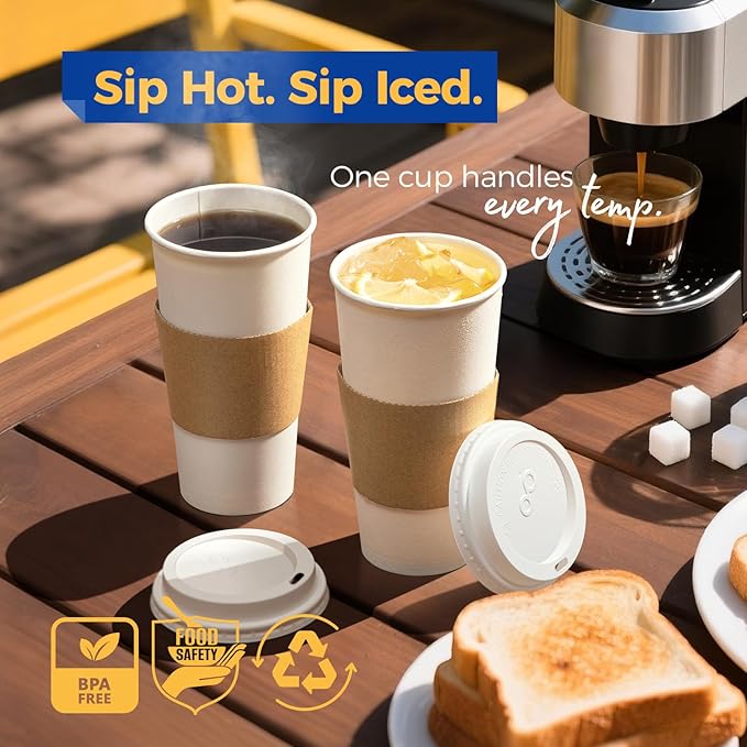 Fit Meal Prep 100 Pack 24 oz Disposable Coffee Cups with Lids, Sleeves, Leak-Proof To Go Coffee Cups with Lids, Durable Hot Paper Cups for Home, Office, Party, Business