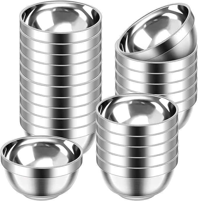 Mimorou 30 Pack 304 Stainless Steel Bowls Set 13oz Metal Double Walled Insulated Snack Mixing Lightweight Multipurpose Toddler Dinner Bowls for Ice Cream, Cereal, Snack