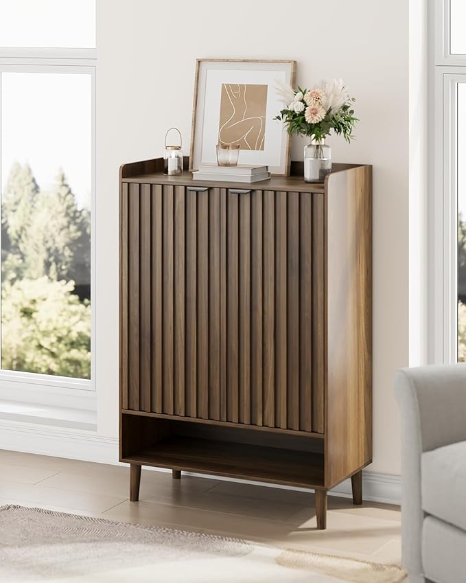 Large 6-Tier Shoe Storage Cabinet with Fluted 2 Doors, 44" Tall Freestanding Entryway Shoe Cabinet with Adjustable Shelves,(Walnut