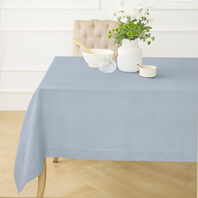 Solino Home Dusty Blue Linen Tablecloth 60 x 120 Inch - 100% Pure Linen Hemstitch Table Cloth for Rectangle Tables - Classic Hemstitch, Machine Washable Tablecloth for Winter, Spring, Easter