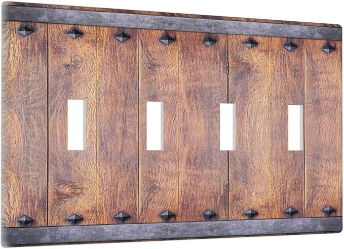 Light Switch Cover Rustic Farmhouse Barn Door Vintage Wood 4 Gang Switch Plate Quad Toggle Wall Plates Decorative Switchplate Electrical Outlet Cover for Bathroom Cabin Decor