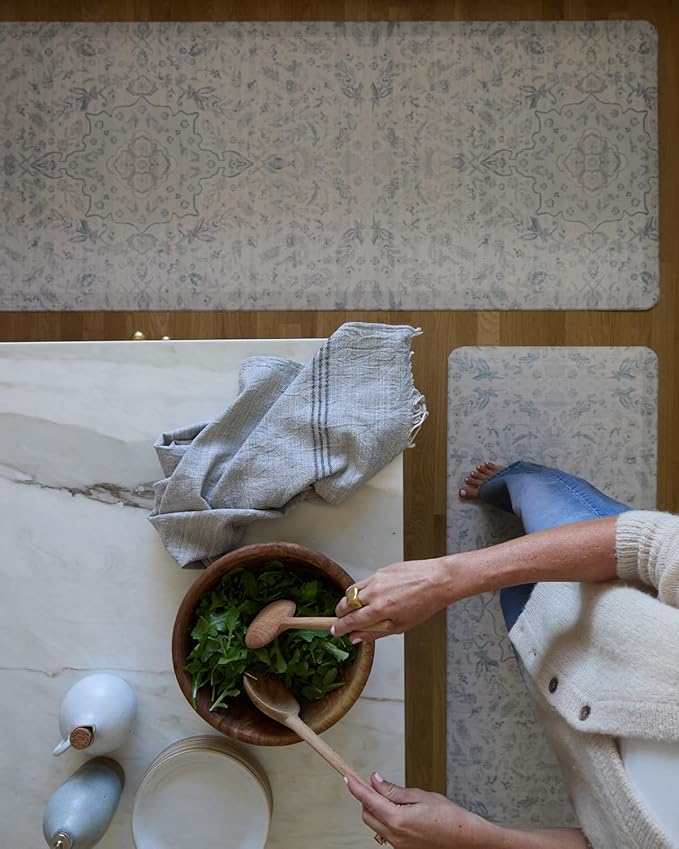 House of Noa Nama Standing Mat – Anti-Fatigue Cushioned Kitchen Mats for Floor | Ergonomic Bounce-Back Foam Kitchen Mats | Anti-Fatigue Mats for Kitchen & Standing | Emile Delft Blue | 22" x 54"