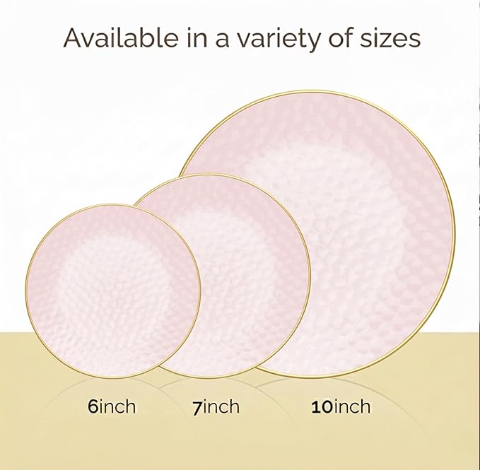 R-kay 100 Pack Pink Plastic Plates - 6.25 IN Hammered Gold Rimmed Sturdy, Durable And Extra Heavy duty Pink And Gold Plastic Dessert Plates Disposable - Appetizer Plates Disposable For All Occasions