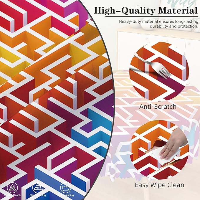 Laeacco 54 Inch Maze Round Tablecloth Colorful Labyrinth Texture Modern Geometric Abstract Art Print Table Cloth Washable Waterproof Wrinkle Free Table Cover for Kitchen Dining Picnic Party Decor