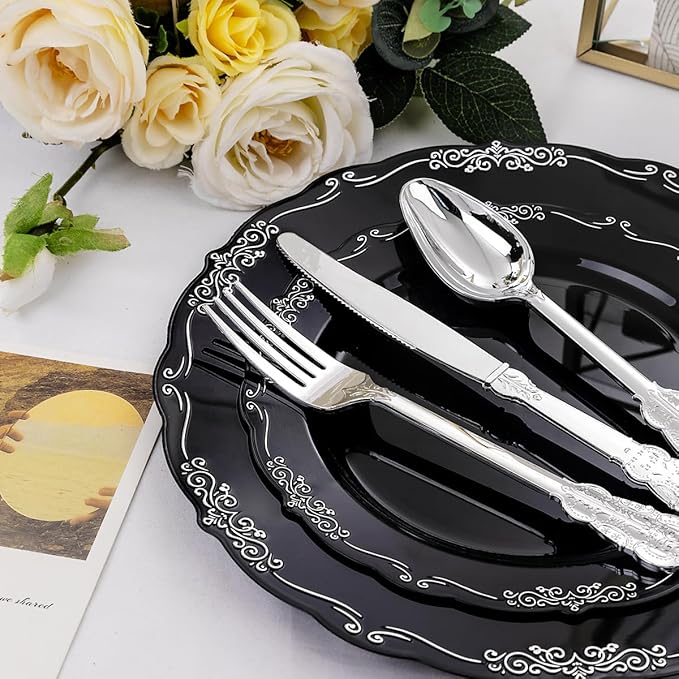 DaYammi 150 Pcs Black Silver Plastic Plates & Silver Plastic Silverware,Black silver Disposable plates for Include 30 Dinner Plate,30 Dessert Plate,30 Knives,30 Forks,30 Spoons for Party Wedding