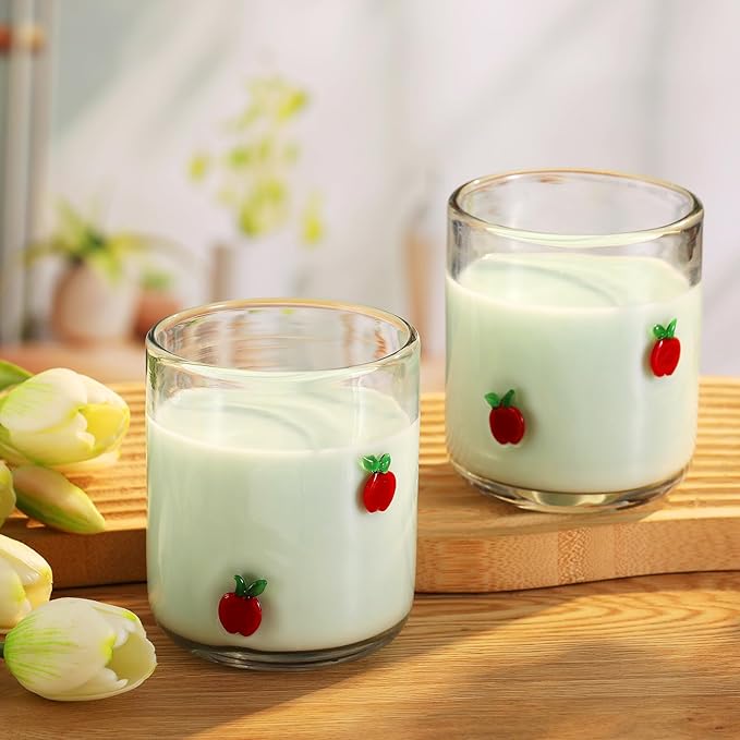 Icon Juice Glasses, 14oz Stemless Wine Drinking Juice Glass Cup for Valentine Party Supplies Gift(2 Pcs,Apple)