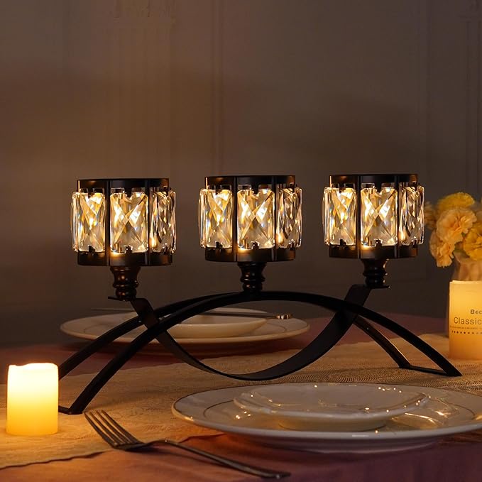 3 Arms Crystal Candle Holders, Arch Candlestick Table Candelabras Centerpieces for Wedding, Dinning Room, Cabinet Ornaments, Home Decoration， Gift (Black, 2 Pcs-3 Arm Arched)