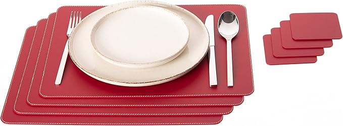 Nikalaz Set of 4 Placemats and 4 Coasters Made of Recycled Leather (15.75''x11.81'', Red)
