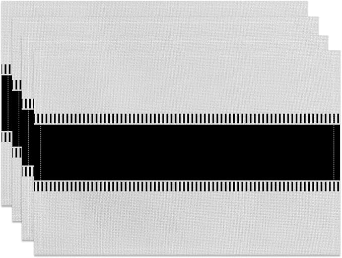 CSFOTO Modern Minimalist Line Decorative Placemats Set of 4 Heat-Resistant Non-Slip Black and White Linen Place Mats for Dining Table 18"x12" Washable