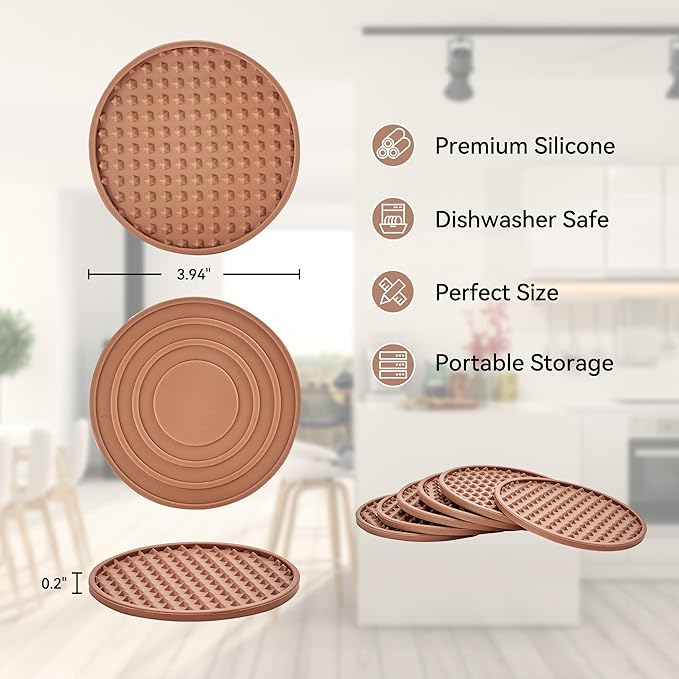 Coasters for Drinks, Silicone Coasters Set of 16 with Metal Holder, Outdoor Coaster for Coffee Table, Non-Slip Rubber Table Cup Mat Desk, Heat Resistant & Scratch-Proof (Tawny)
