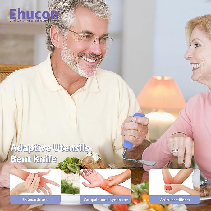 Adaptive Utensils Angled Knife and Fork for Hand Tremors Parkinsons,Weighted Utensils with Non-Slip Easy Grip Handles for Independent Eating (1pcs Bent Knife+1pcs Fork,Purple,Left Hand)