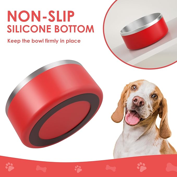 IKITCHEN Dog Bowl for Food and Water, 40 Oz Stainless Steel Pet Feeding Bowl, Durable Non-Skid Double Wall Insulated Heavy Duty with Rubber Bottom for Medium Large Dogs (40 Ounces/5 Cup, Red)