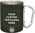 Custom Stainless Steel Mugs with Carabiner Handle 10 oz. Set of 10, Personalized Bulk Pack - Perfect for Coffee, Soda, Other Hot & Cold Beverages - Army Green