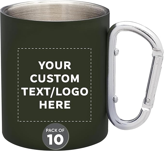 Custom Stainless Steel Mugs with Carabiner Handle 10 oz. Set of 10, Personalized Bulk Pack - Perfect for Coffee, Soda, Other Hot & Cold Beverages - Army Green