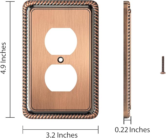 Henne Bery Rope Edge Decorative Wall Plate Switch Plate Outlet Cover (Single Duplex, 2 Pack, Antique Copper)