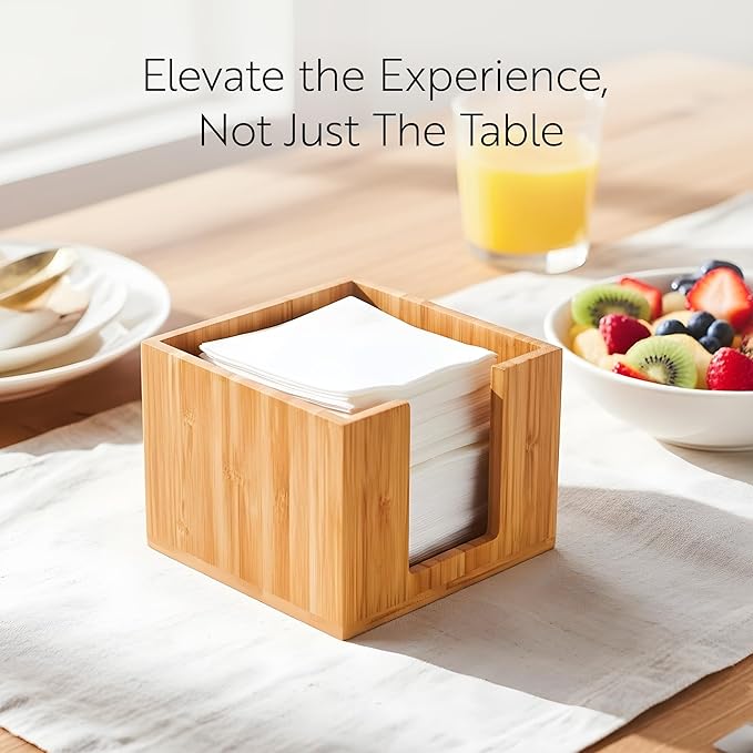 5.5 x 4 Inch Cocktail Napkin Holder, 1 Square Flat Napkin Holder - For Bars, Kitchen Tables, or Countertops, Sturdy, Natural Bamboo Tissue Napkin Holder, Dining Room Decor - Restaurantware