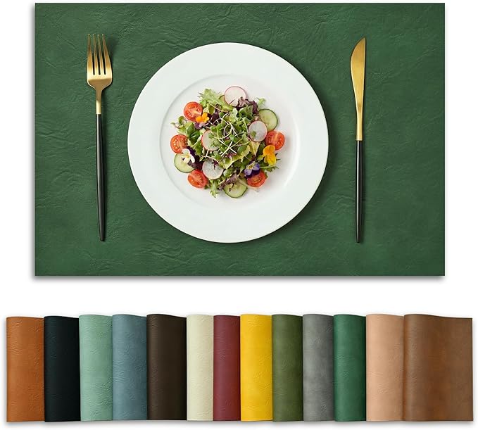 Artoid Mode Green Faux Leather Placemats Set of 4, 12x18 Inch Waterproof Wipeable Heat Resistant Vinyl Place Mats, Reversible Table Mats for St. Patrick's Day Dining Decor