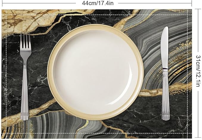 Marble Linen Placemats Set of 4, Modern Abstract Foil Stone Texture Black Gold Grey Marble Washable Cloth Place Mats, Non-Slip Dining Table Placemats for Home Kitchen Party Banquets Decor 12x17 Inch