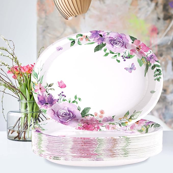 50Pcs Floral Oval Paper Plates 10" x 12" Large Heavy Duty Disposable Watercolor Purple Floral Butterfly Paper Plates Spring Rose Flower Dessert Platters for Bridal Shower Wedding Supplies Decorations