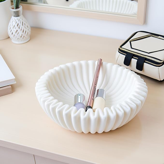 Braxio Decorative Bowl Modern Home Decor – White Ruffle Bowl Decorative Catchall for Entryway Dining Table Living Room Centerpiece Key Holder Fruit Bowl 9 x 9 x 2.6 Inch Art Deco Style