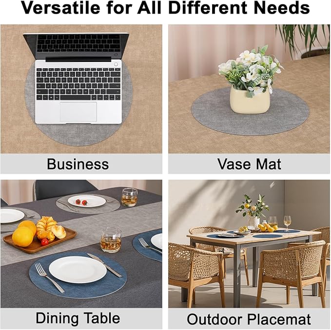 Myir JUN Reversible Vinyl Round Placemats Set of 6, Faux Leather Place Mats Dual Sided Waterproof Wipeable, Heat-Resistant Table Mats for Kitchen Dining Indoor Outdoor (14", Light Gray Navy Blue)