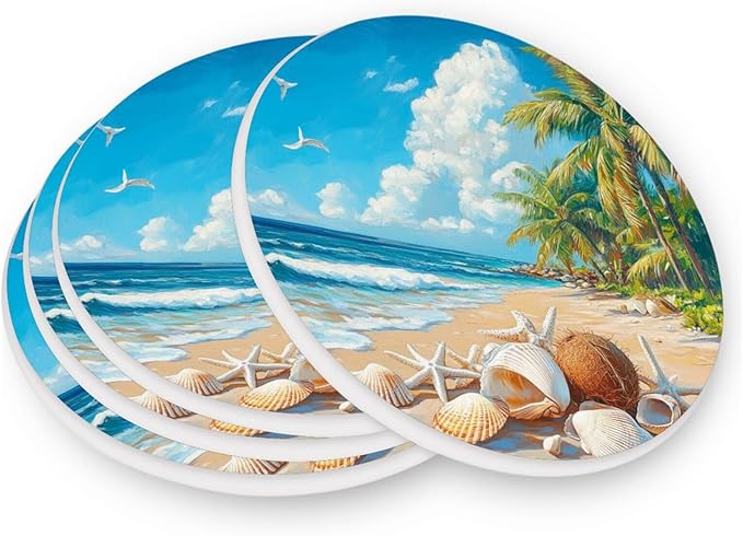 Coasters for Drinks Coaster Drink Set Decorative Coffee Table Desk Cup Mat Spring Cute Cork Bar Backing Round Home Decor Shells White Beach Blue01
