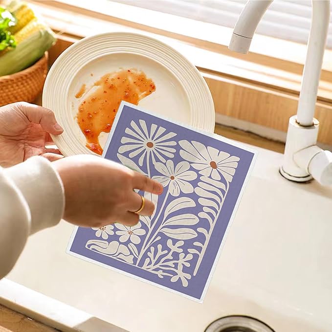 Spring Flower Swedish Dishcloths for Kitchen, Boho Purple Swedish Dish Cleaning Cloths for Floral, 4 Pack Dish Towels for Kitchen, Papaya Reusable Paper Towels Washable