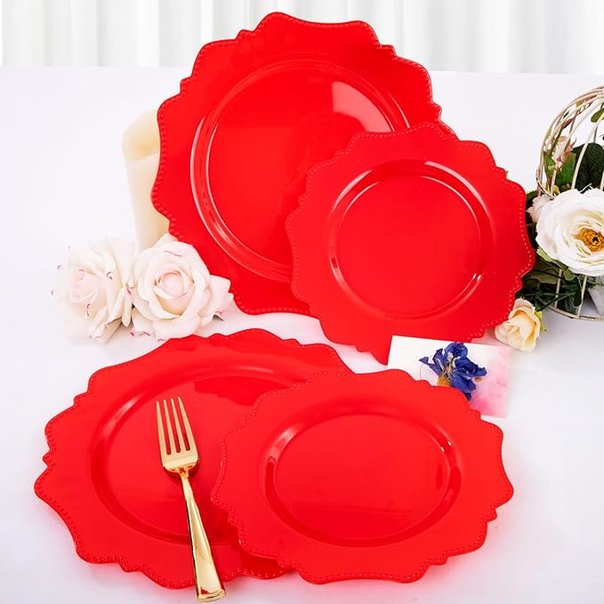 COLOSUS Disposable Plastic Plates 60Pcs, Christmas Red Plastic Party Plates, Heavy Duty 30 Dinner plate 10.5” and 30 Salad/Dessert Plate 8.25” for Christmas party dinner