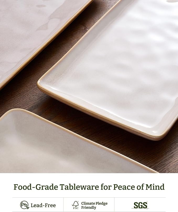 Famiware Serving Platter, Rectangular 15.67/14.1/12.6 inch Serving Dishes for Entertaining, Microwave Dishwasher Safe, Stonware Serving Trays for Party, Turkey, Cheese, Ocean Series, Cappuccino White