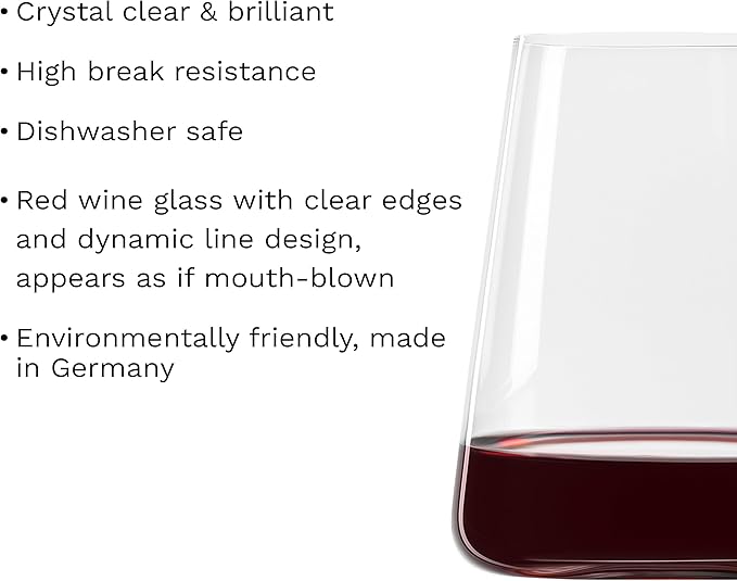 Stölzle Lausitz Red Wine Tumblers Power Set of 6, 17 1/2 oz – Modern Stemless Wine Glasses for Maximum Aroma – Flat Red Wine Glasses in Crystal Glass – Dishwasher & Break-Resistant, Made in Germany
