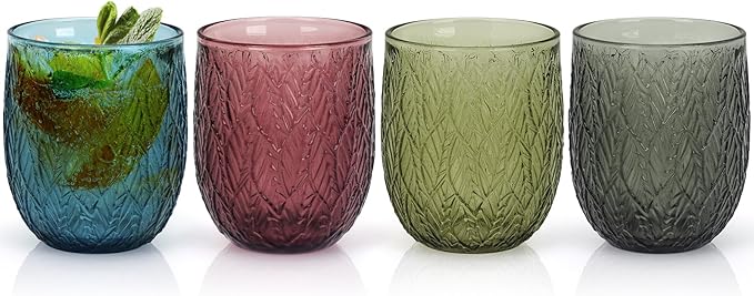 Topsky Vintage Drinking Glass Set of 4,12 oz Embossed Willow Leaf Drinkware Set,Colorful Drinking Glasses Cups Wine Glasses Colored Glassware for Whisky,Beer,Juice,Cocktail,Heavy Duty