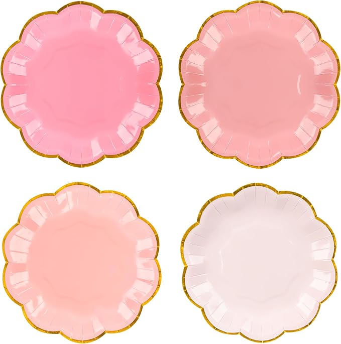 Pink Party Plates Valentines Day Gradient Pink Dessert Paper Plates 7inch Gold Foil Scalloped Edge Disposable Cake Plates for Christmas Birthday Bridal Baby Shower Party Supplies (24)