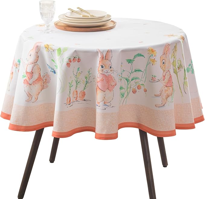 Maison d' Hermine Table Cloth Round Table 100% Cotton 63 Round Inches Tablecloth Reusable Decorative for Dining Room Farmhouse Home Valentines Day Decorations Spring Summer - Bunny Party