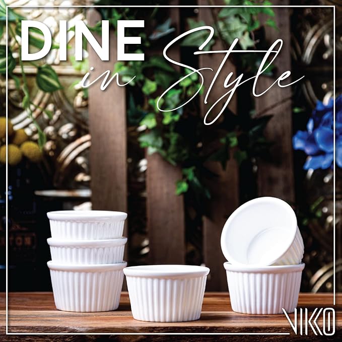 Vikko White Ramekin, Set of 12 Fine Porcelain Ramekins, Stackable 3 Inch Bowls, 3.5 Ounce Dips Dish, Dishwasher Safe