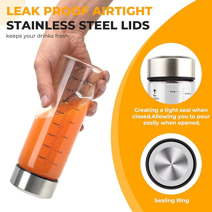 Sursip Glass Juice Bottles 6 Pack 16 oz – Wide Mouth Reusable Bottles with Stainless Steel Lids – Heat-Resistant Borosilicate Glass, BPA Free, Leakproof for Juicing, Smoothies, Milk, Infused Water
