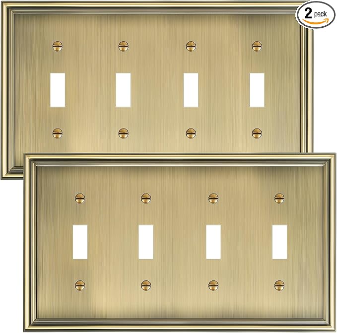 2-Pack Quad Toggle Light Switch Cover Plate, Durable Zinc Alloy Decorative Switch Plate Covers, Antique Brass 4 Gang Wall Plate for Toggle Light Switch and Rotary Dimmer Switch