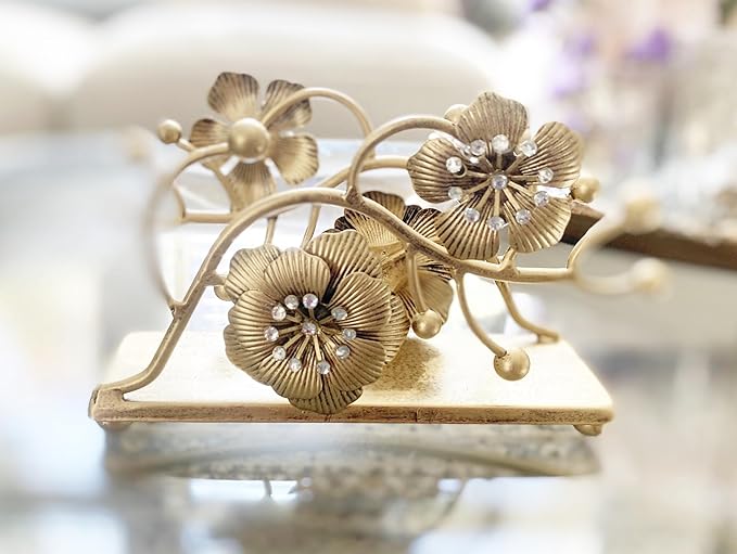 Gold Orchid Blooms Napkin Holder| Exquisite Orchid Flowers & Faux Crystals Design| Vertical Iron Metal Disposable Tissue Paper Towel Tabletop Dispenser Organizer| Bathroom Kitchen Hotel