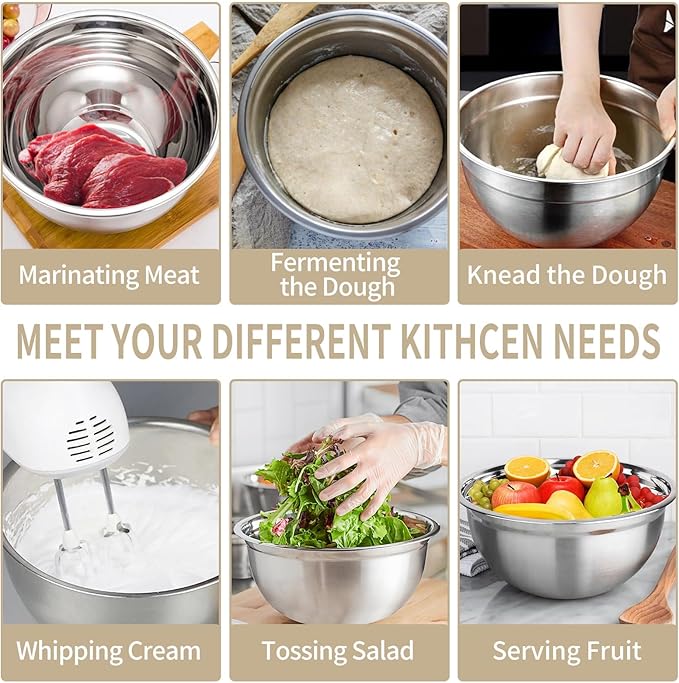 Mixing Bowls Set, 25PCS Khaki Mixing Bowls With Lids Set Stainless Steel Kitchen Large Nesting Metal Bowl 7QT to 1.5QT, Measuring Cups and Spoons for Prepping Cooking Serving