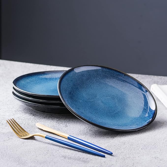 UNICASA Ceramic Dessert Plate Set of 4, 8 Inch Reactive Plates for Appetizer, Snack, Salad, Serving Dish, Microwave & Dishwasher Safe, Scratch Resistant, Blue