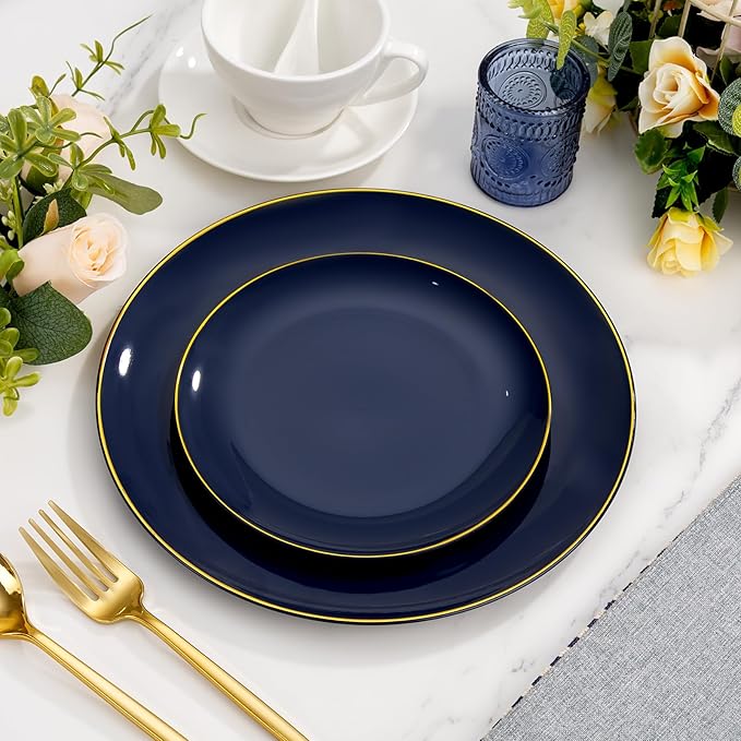 bUCLA 150PCS Blue and Gold Plastic Plates - 25 Guests Navy Blue Plastic Dinnerware Disposable for Party and Hanukkah - Include 25 Dinner/Dessert Plates, 25 Knives, 25 Forks, 25 Spoons, 25 Cups