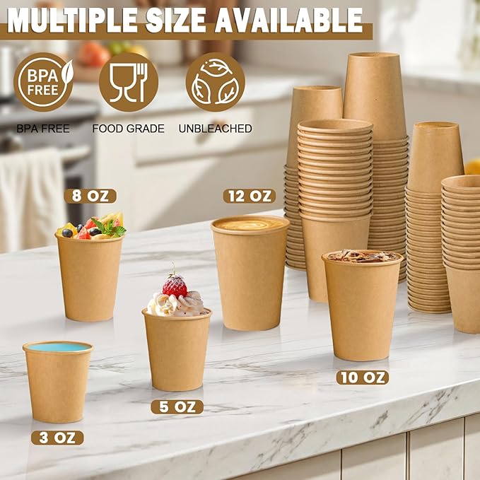 Lamosi 200 Pack 10 oz Kraft Paper Cups, Brown Disposable Paper Coffee Cups, Unbleached Cups for Hot/Cold Beverage Party Home Office