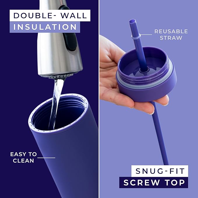 STRATA CUPS Purple Skinny Tumblers with Lids and Straws (12 pack) - 16oz Double Wall Acrylic Tumbler, Tall Matte Skinny Tumblers, Bulk with Free Straw Cleaner, Reusable Cups