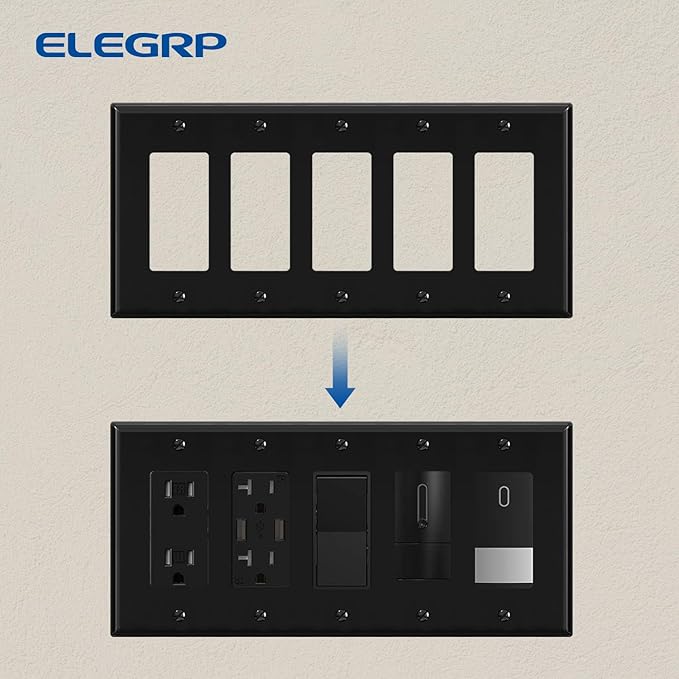 ELEGRP 5-Gang Decorative Wall Plates, Standard Size 4.52" H x 10.03" L Unbreakable Thermoplastic Faceplate Cover for Decorator Receptacle Outlet Switch, UL Listed (1 Pack, Glossy Black)