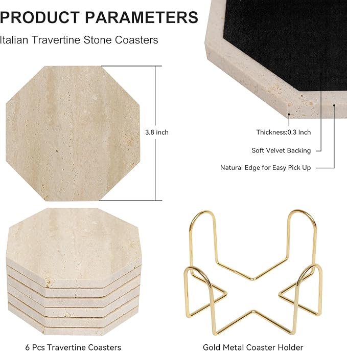 Octagonal Travertine Coasters Set of 6 with Gold Holder, Farmhouse Rustic Neutral Style Coaster for Home Table Decor, Porous Natural Travertine Absorbent Drink Coasters, Velvet Backed