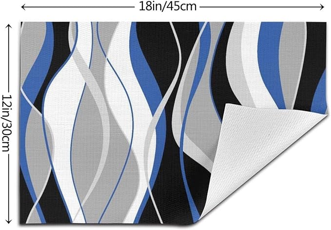Placemats Set of 4 Black and Blue Place Mats White Grey Striped Modern Abstract Woven Table Mats Washable PVC Placemat for Dining Kitchen Decor Indoor Outdoor, 12 x 18 Inch