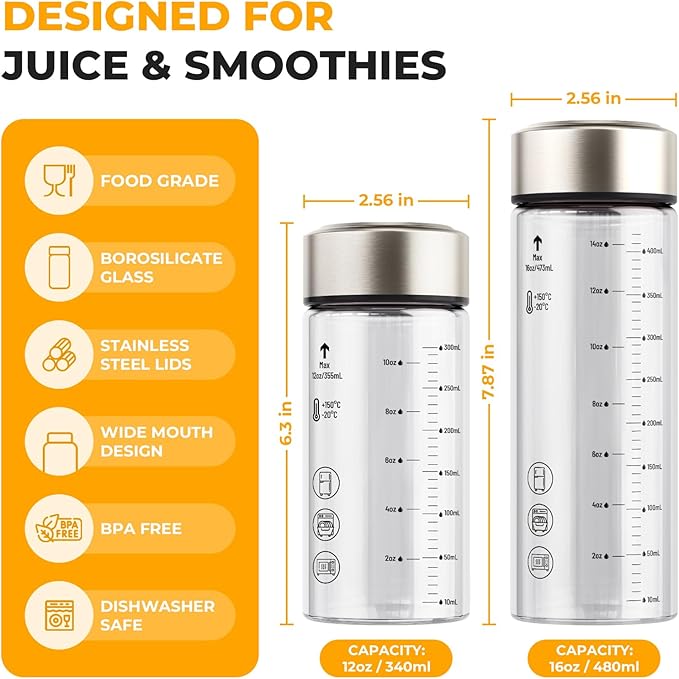Sursip Glass Juice Bottles 6 Pack 16 oz – Wide Mouth Reusable Bottles with Stainless Steel Lids – Heat-Resistant Borosilicate Glass, BPA Free, Leakproof for Juicing, Smoothies, Milk, Infused Water